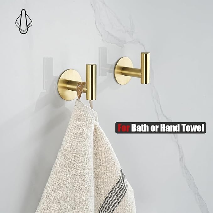 JQK Self Adhesive Towel Hook Gold, No Drill Stick on Coat Robe Clothes Wall Hook for Bathroom Kitchen Garage 4 Pack, 304 Stainless Steel Brushed Gold, ATH110-BG-P4