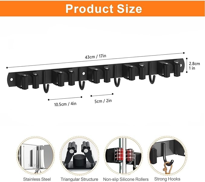 2 Pack Mop and Broom Holder Wall Mount, Non-slip Broom Hanger Wall Mount, Heavy Duty Mop Broom Organizer for Kitchen Garden Garage Laundry Room Wall Decor Organization and Storage Black 5R4H-NeatNest