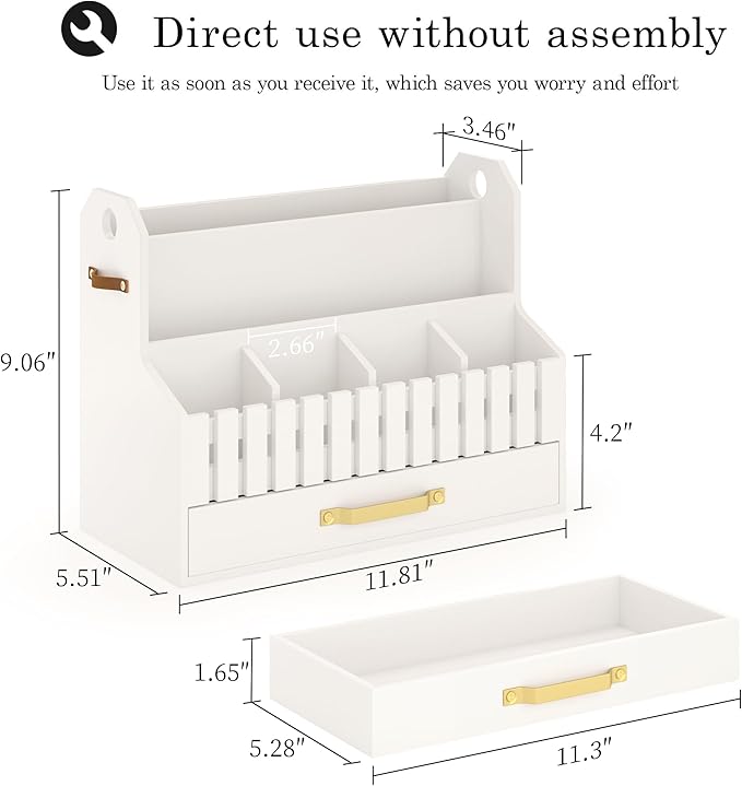 Bamboo Mail Organizer Countertop with Drawers, Wood Desk File Organizer Desktop Paper Organization Storage Bill & Letter Sorter Holder for School Home Office Supplies, No Assembly Required (White)-NeatNest