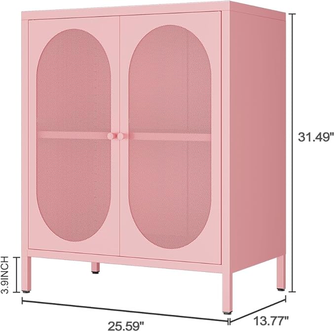 2 Door Metal Mesh Storage Cabinet with 1 Adjustable Shelves-Steel Locker Cabinet for Living Room, Bedroom, Hallway, Office Room, Home, Hotel, Kitchen, Garage, 2-Tier (Mesh Door, Pink)