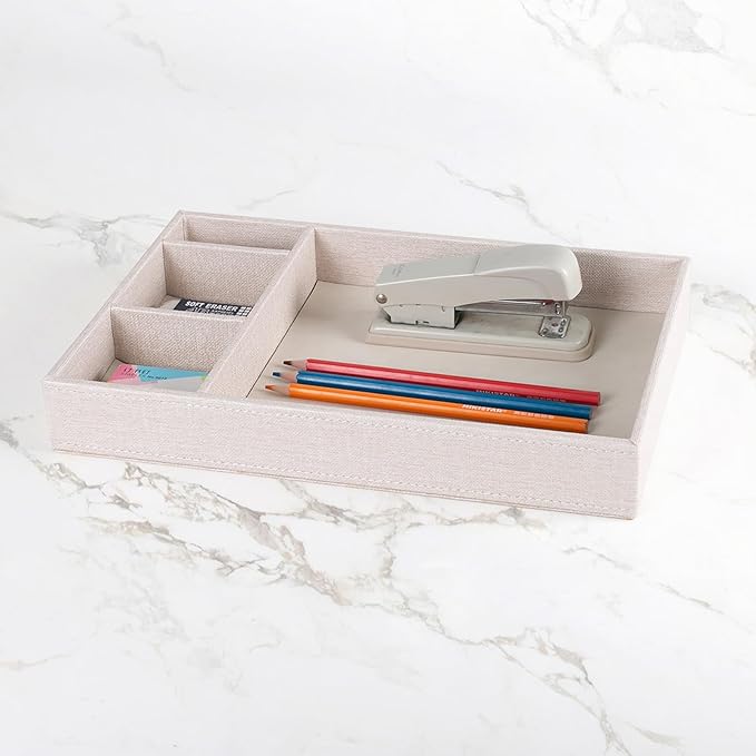 Desktop Storage Organizer, Nightstand or Dresser Organizer, Valet Tray, Entry Table Organizer, 4 Compartments,PU Leather Drawer Storage Organizer Decorative Trays. (Pearl White—2)-NeatNest