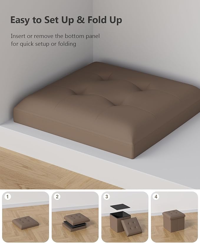 Folding Storage Ottoman Bench, Multi-Functional Ottoman Footrest, End of Bed Bench, Storage Chest for Living Room, Bedroom, Hallway, Entryway, Holds Up to 700 lbs (Brown, 15 Inches)