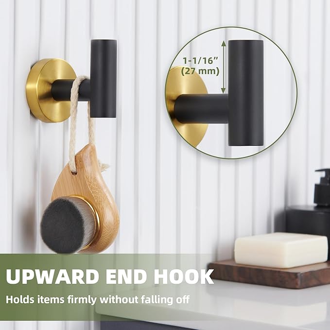 APLusee Bathroom Towel Hook Black & Gold, SUS 304 Stainless Steel Modern Robe Hook for Home Storage, Towel Hanger Wall Mounted
