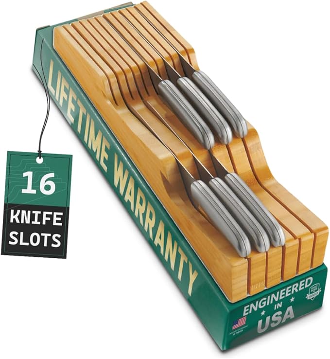 Bellemain 100% Pure Bamboo in Drawer Knife Block | 16 Knife Slots Knife Drawer Organizer | Store Knives Safely with The Blades Down | Storage Solution for Your Kitchen | Knife Organizer Drawer Insert-NeatNest