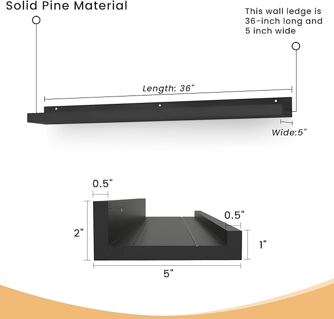 Floating Shelves for Wall, 36 inch Solid Wood Picture Ledge Shelf, Picture Shelf for Wall with Ledge, Floating Book Shelves for Living Room Bedroom Kitchen Nursery Decor, Black, Set of 2-NeatNest