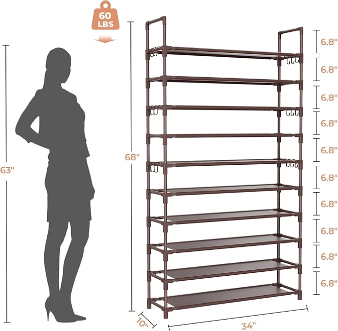 Tall Shoe Rack 10 Tier Shoe Organizer Large Shoe Shelf with 18 Hooks Storage for 50 Pair Sneaker and Boot, Stackable Vertical Shoe Rack Organizer for Closet, Entryway, Bedroom, Brown-NeatNest