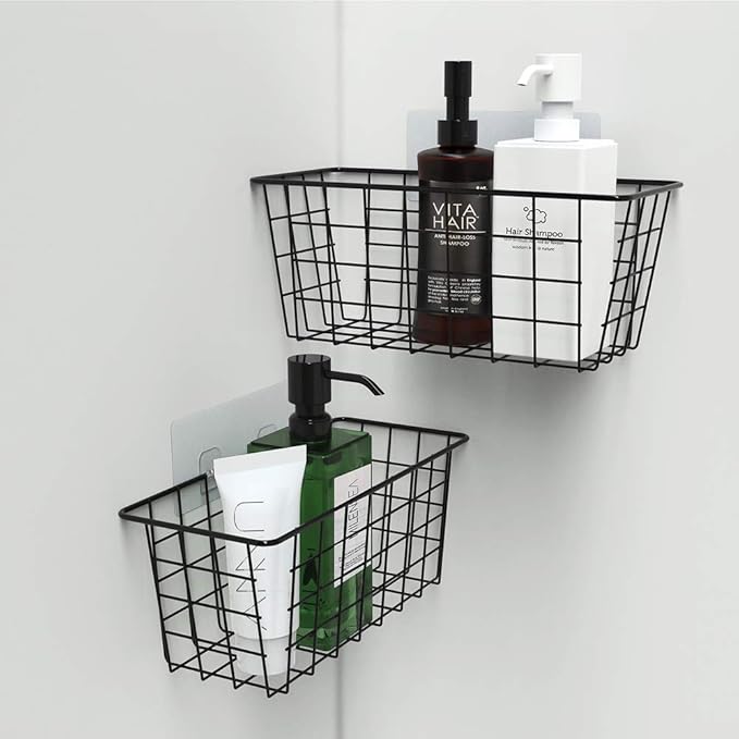MaraFansie Hanging Kitchen Baskets Wire Storage Basket Over the Cabinet Door Organizer, No Drilling Adhesive Basket for Cabinet Pantry Organization and Kitchen, Bathroom, Storage, 2 Pack, Black-NeatNest