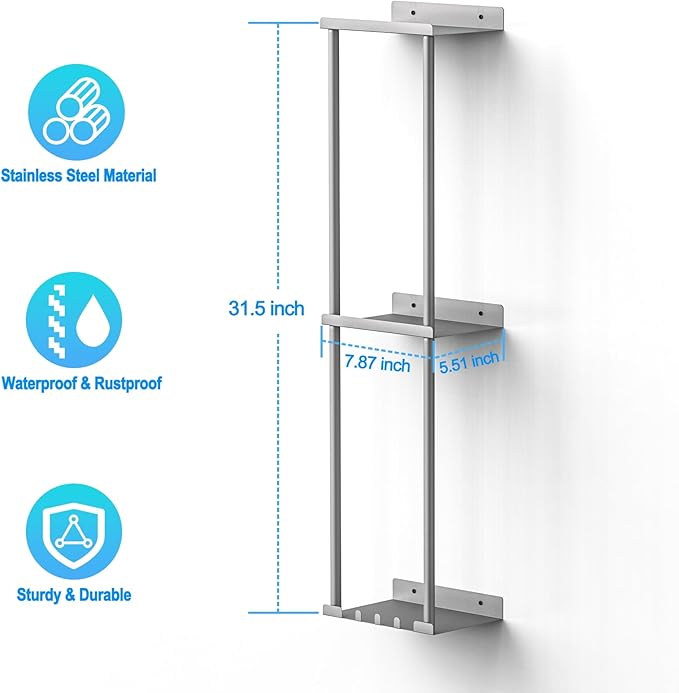 Towel Rack Storage for Bathroom, Wall Mounted Vertical Rolled Towel Organizer Holder with Shelf, Holds Up 6 Large Bath Sheets, Silver Grey