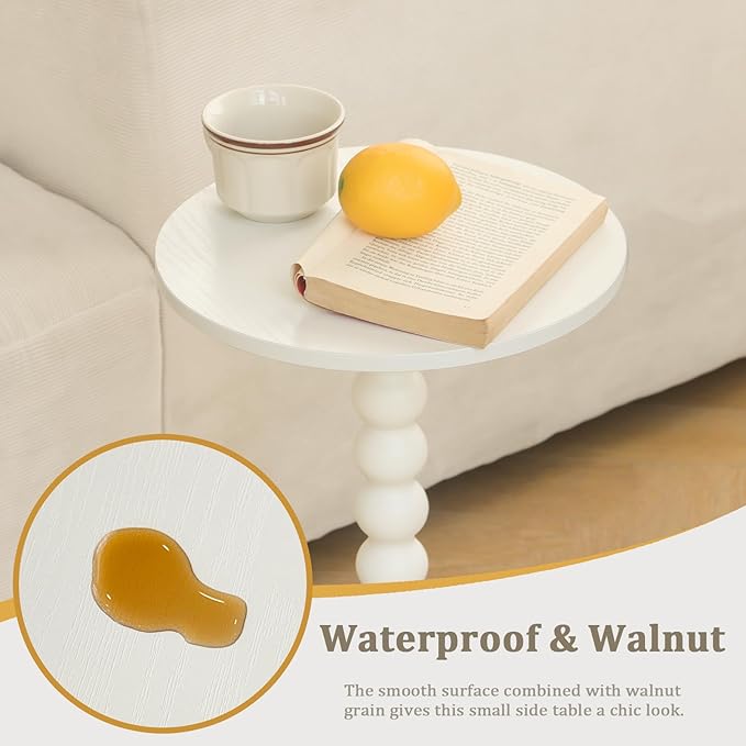 Round Side Table, Small Drink Table for Small Spaces, Modern Accent End Table Nightstand with Solid Wood Leg for Living Room, Bedroom, Corners, and Office (White)