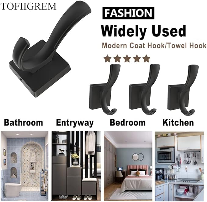 3 Pack Black Towel Hooks, Towels Robe Holder for Bathroom Coat Hooks for Wall Hanging Key Hat Backpack (3 Pack, Black)