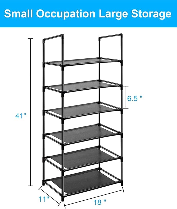 6 Tier Metal Structure Free Standing Shoe Rack for Small Space Entryway, Bedroom, Closet, Narrow Vertical Shelf Organizer for Space Saving Storage-NeatNest