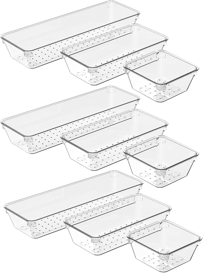 9 Pcs Clear Drawer Organizer Set, 3 Size Acrylic Drawer Storage Trays, Storage Tray for Makeup, Kitchen, Gadgets, Office-NeatNest