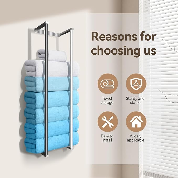 Towel Racks for Bathroom Towel Holder,Space Saving Vertical Hanging Towel Rack, Sturdy Metal Wall Mounted Towel Storage Rack for Rolled Towels Organizer