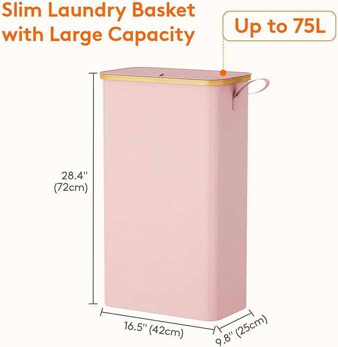 Lifewit 75L Slim Laundry Hamper with Lid, Narrow Laundry Basket with Removable Bag & Bamboo Handles, Fodable Thin Dirty Clothes Hamper for Laundry Collapsible Bin for Bathroom Bedroom Dorm, Pink-NeatNest