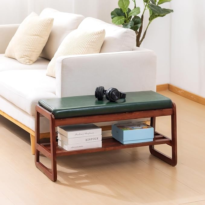 Solid Wood Shoe Bench, 2-Tier Wooden Entryway Bench, Modern Shoe Rack with Faux Leather Cushion for Hallway, Living Room (Green, 31.5'')
