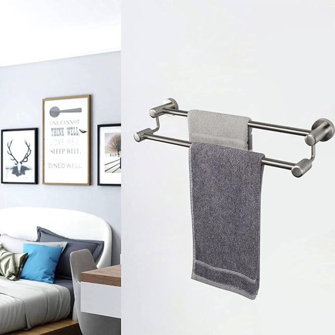 TocTen Double Bath Towel Bar - Thicken SUS304 Stainless Steel Towel Rack for Bathroom, Bathroom Accessories Double Towel Rod Heavy Duty Wall Mounted Towel Holder (Brushed Nickel, 16 in)