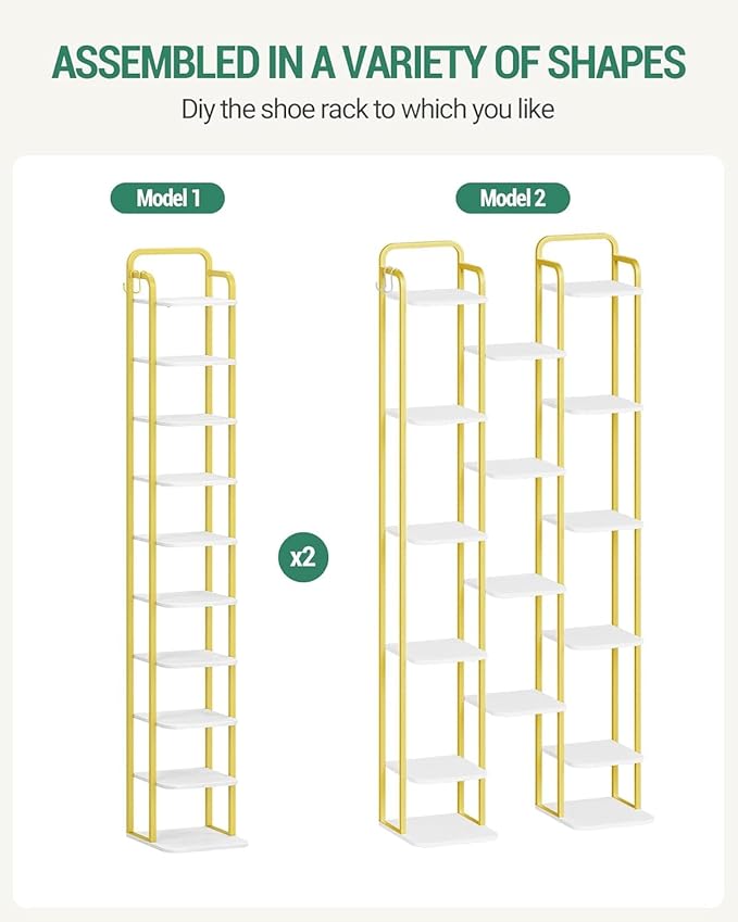 10 Tiers Vertical Shoe Rack, Narrow Shoe Tower, Tall Shoes Shelf with 2 Hooks, Adjustable Shelves, Corner Shoes Shelves for Small Spaces, Entryway, Living Room, White Gold SR11213A-NeatNest