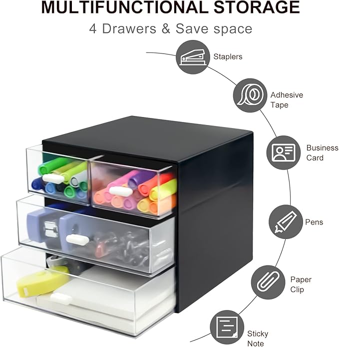 Desk Organizer with Drawer, Desk Storage Box, Plastic Office Stationery Supplies Organizers, Desktop Organizer for Office School Home (4 drawer, Black)-NeatNest
