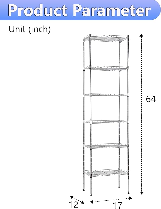 BestOffice Metal Garage Shelving 6 Tiers Garage Storage Shelves Heavy Duty 17”D x 12”W x 64”H Easy Assemble Wire Shelving NSF Certified Storage Shelves with Levling Feet for Home Garage Office, Chrome-NeatNest