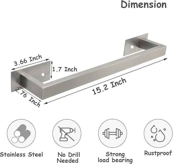 Bathroom Towel Bar Self Adhesive, No Drilling Towel Rack Easy to Install, Hand Towel Holder Made of Premium Stainless Steel Sticky on Hand Towel Hanger for Kitchen, Toilet.(16IN, Brushed)-NeatNest