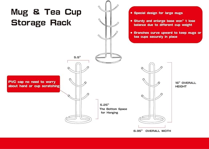 FitWell Mugs Holder, Mug Tree, Coffee Cup Holder, Coffee Mug Tree, Mug Organizer for Cabinet, Mug Holder Stand, Coffee & Tea Cup Storage Rack (Chrome, 6 Mugs (15"H))-NeatNest