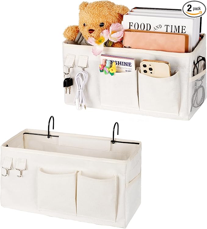 Bedside Caddy Bedside Organizer Hanging Storage Bag for Bunk College Dorm Bed and Hospital Beds with Magazine Water Bottle Phone Holder (2Pack White)-NeatNest