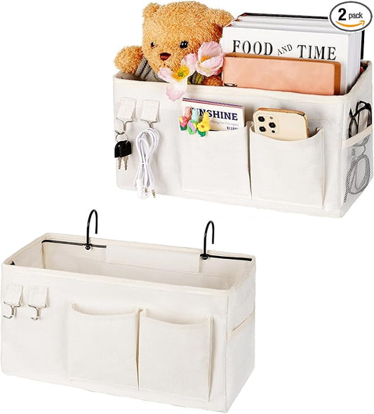 Bedside Caddy Bedside Organizer Hanging Storage Bag for Bunk College Dorm Bed and Hospital Beds with Magazine Water Bottle Phone Holder (2Pack White)-NeatNest
