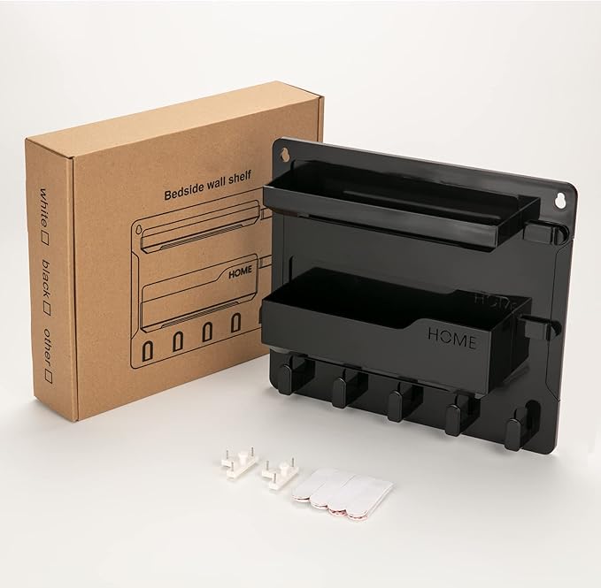 Bedside Wall Mount Shelf, Adhesive Bedside Organizer for Remote、Phone、Glasses. Bedside Accessories Storage suitable for College Dorm 、bunk bed 、 Bedroom、Rv(Black)-NeatNest