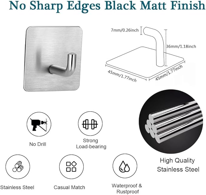 Adhesive Towel Hooks, 8 Pack Self Adhesive Coat Sticky Hooks for Hanging, Stainless Steel Stick on Wall Hat Hook, Bathrooms Kitchen Livingroom Garage, Silver