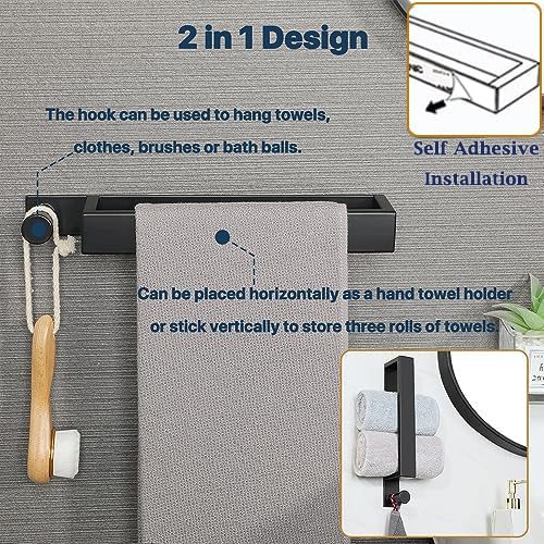 Sayayo Self Adhesive Towel Bar with Hook, 12 Inch Matte Black Towel Rack for Bathroom, Stick on Towel Holder Hand Towel Ring SUS304 Stainless Steel, 2.4 Inch Wide