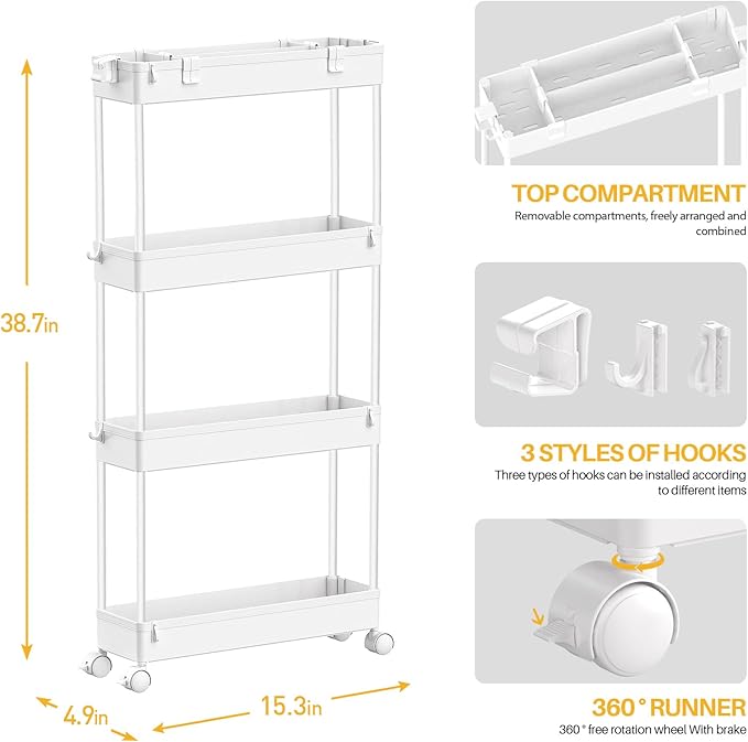 SPACELEAD Slim Storage Cart 4 Tier,Bathroom Organizer Rolling Utility, Mobile Shelving Unit Slide Out for Office, Kitchen, Laundry Room & Narrow Places,White-NeatNest