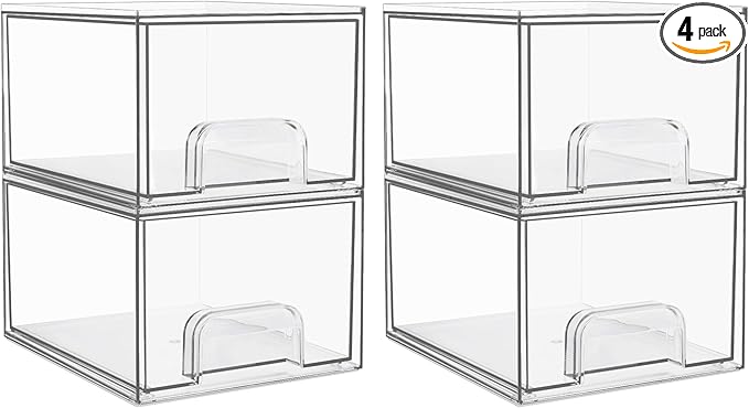 Vtopmart 4 Pack Clear Small Stackable Storage Drawers,Acrylic Bathroom Makeup Organizer,Plastic Storage Bins For Vanity, Undersink, Kitchen Cabinets, Pantry, Home Organization-NeatNest