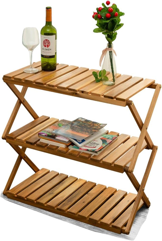 BEEFURNI Multipurpose Display Shelf Folding, 3 Tier Shelf, Acacia Wood Rack, Plant Stand Indoor, Wooden Shoe Rack, Vanity Bathroom Stand, Easy to Assemble, 1 Year Warranty-NeatNest