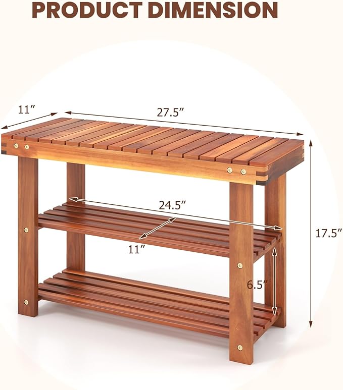 Tangkula Acacia Wood Shoe Rack Bench, 3 Tier Sturdy Storage Organizer, Holds up to 180lbs for Entryway Bedroom Living Room Balcony, Teak Color (27.5-inch)-NeatNest