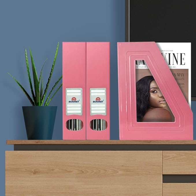 Acrimet Magazine File Holder, Durable Rack, Space-Saving Organizer (Plastic) (Solid Pink Color) (2 pack)