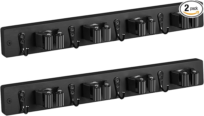 2 Pack Black Mop Broom Holder Wall Mount - Wood Broom Mop Hanger - Wall Mounted Garden Tool Rack Organizer for Closet Garage Laundry Room, 4 Slots & 4 Hooks-NeatNest