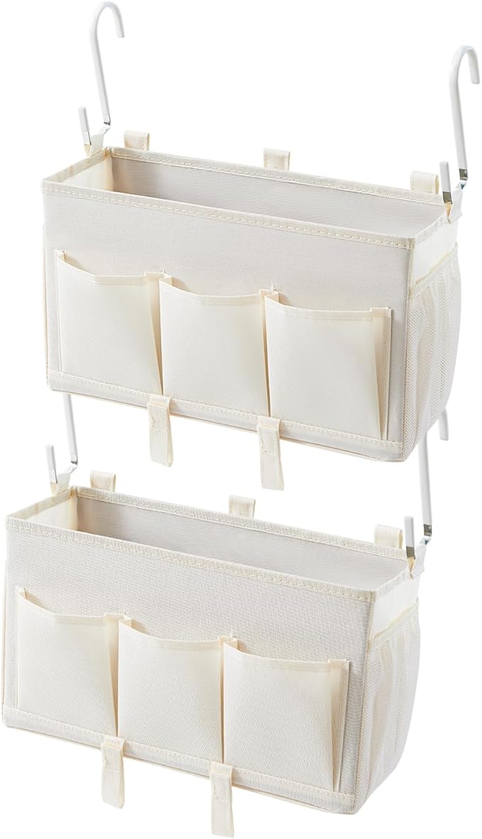 Bedside Storage Organizer, White Bedside Caddy Organizer - With Hooks and Multiple Pockets, a Clever Storage Solution for Books, Magazines, and More, 2 Pack-NeatNest