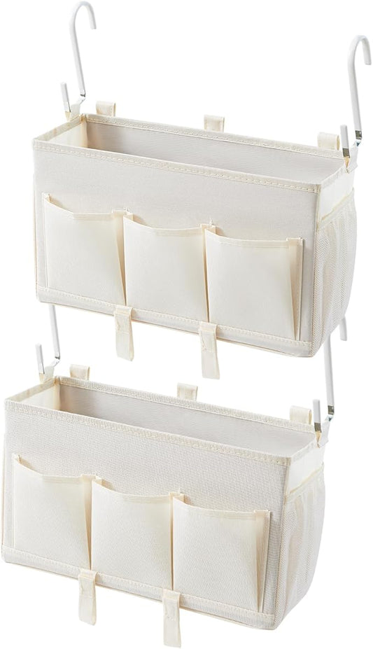 Bedside Storage Organizer, White Bedside Caddy Organizer - With Hooks and Multiple Pockets, a Clever Storage Solution for Books, Magazines, and More, 2 Pack-NeatNest