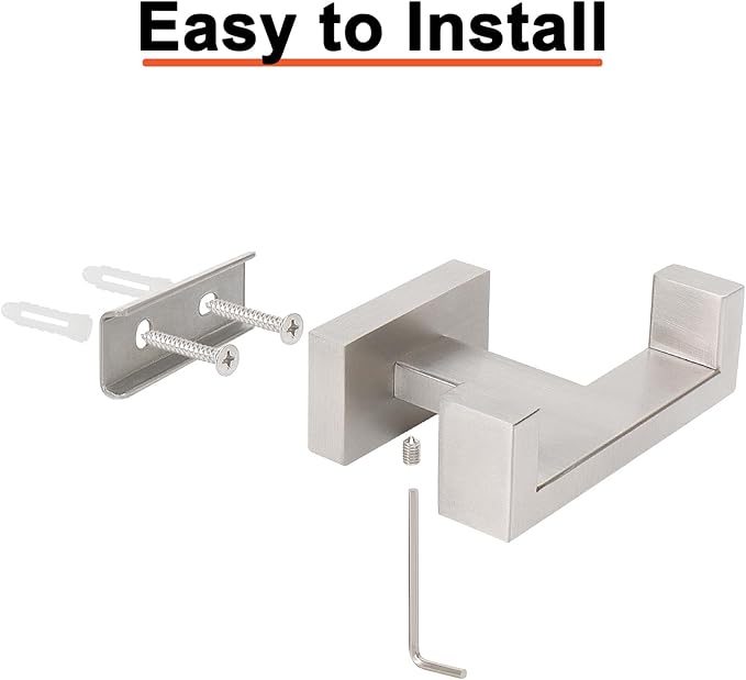 HarJue Bath Towel Hooks, 304 Stainless Steel Robe Towel Hanger Heavy-Duty Rustproof Coat Hook for Bathroom and Kitchen-Wall Mounted, Double Towel Holder (Brushed Nickel,2 Pack-Square)