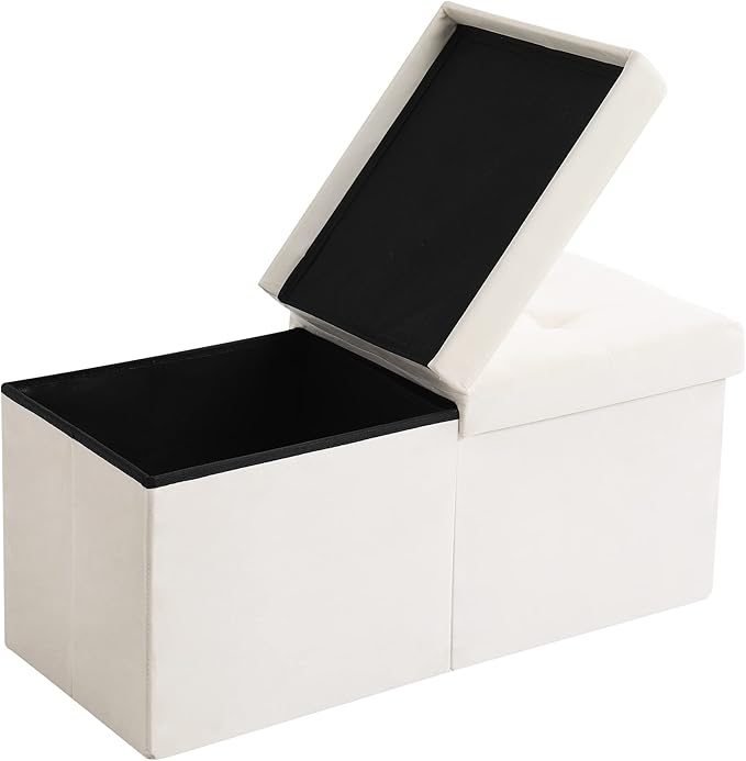 CUYOCA Storage Ottoman Bench Foldable Seat Footrest Shoe Bench End of Bed Storage with Flipping Lid, 75L Storage Space, 30 inches Velvet Cream-NeatNest
