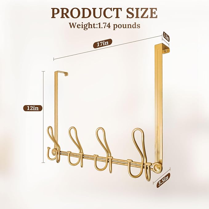Double Prong Over The Door Hook Rack, with 4 Triple Hooks to Hang Your Coats, Hats, Towels, Purses and More in Your Bathroom, Bedrrom or Walk-in Closets - Gold