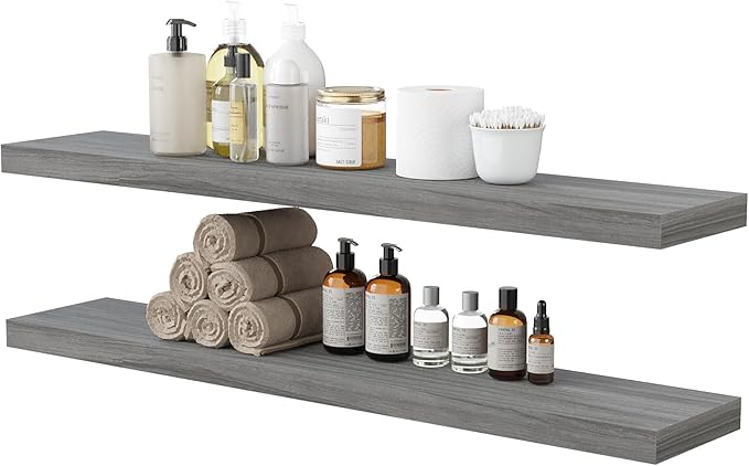 BAMEOS Floating Shelves, Walnut Wall Mounted Wooden Shelves with Invisible Brackets Set of 2, Hanging Wall Shelves Decoration for Bedroom, Bathroom, Living Room and Kitchen-NeatNest