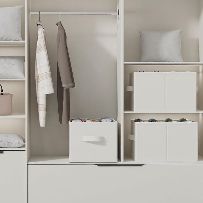 2 Pack Shoe Storage Bins, Fits Up to 24 Pairs, Foldable Space-saving Closet Organizers System, Clothes Basket with Reinforced Handles, 16.5 x 12.6 x 10.2 In, White & Ivory, XSNX02W-2-NeatNest
