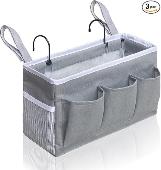 Beside Caddy Storage Organizer, Hanging Bag Holder with Pockets for Bedroom, Loft Bed Tent, Bed Curtain, Top Bunk bed Shelf Accessories Bedside Caddy 3-pocket (Gray_1pcs)-NeatNest