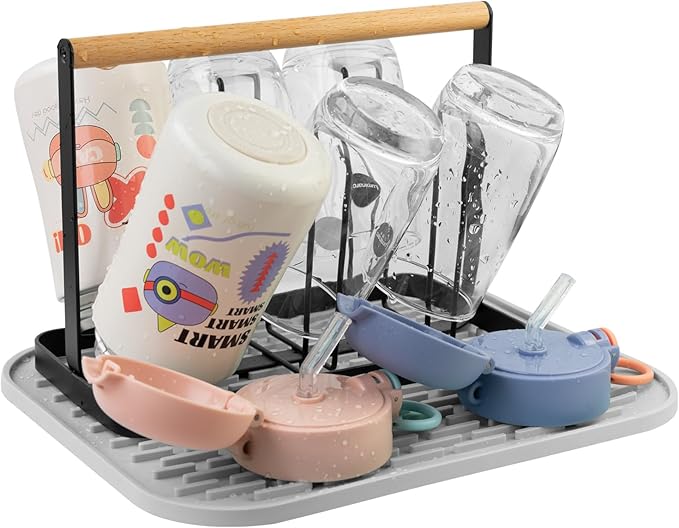 Cup Drying Rack Stand,Beer Glasses Rack 6 Cup Metal Drainer Holder Rack Non-Slip Mugs Cups Organizer with Wood Handle, Black-NeatNest