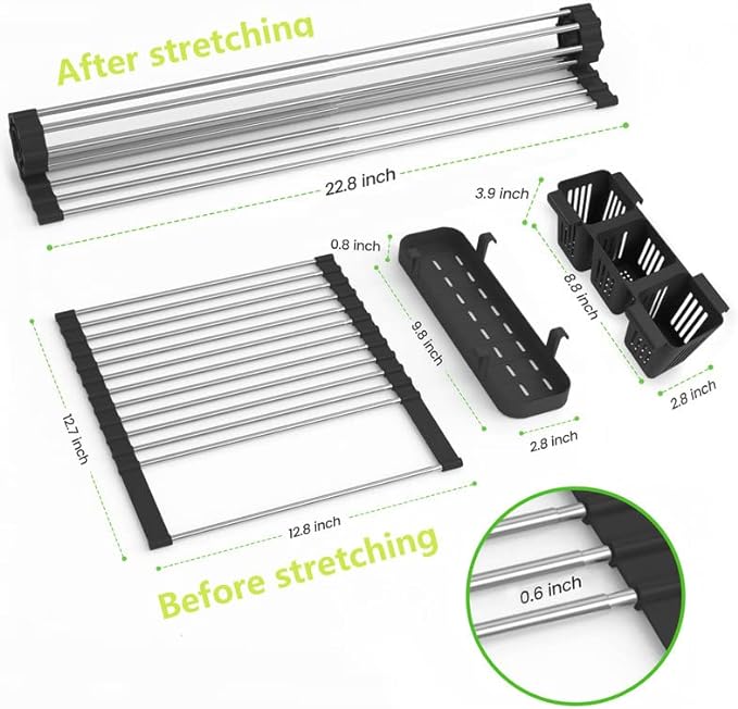 Black Expandable Roll Up Dish Drying Rack Up to 22.8''with 2 Storage Baskets,Over The Sink Kitchen Rolling up Dish Drainer Drying Rack , Foldable,Rollable,for Kitchen Dishes(Expandable Width Size)