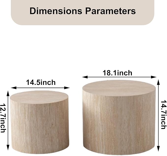 Nesting Coffee Table Set of 2 Wood Circle Drum Coffee Tables Set Round Fluted Coffee Tables for Living Room & Small Space (terrazzo)