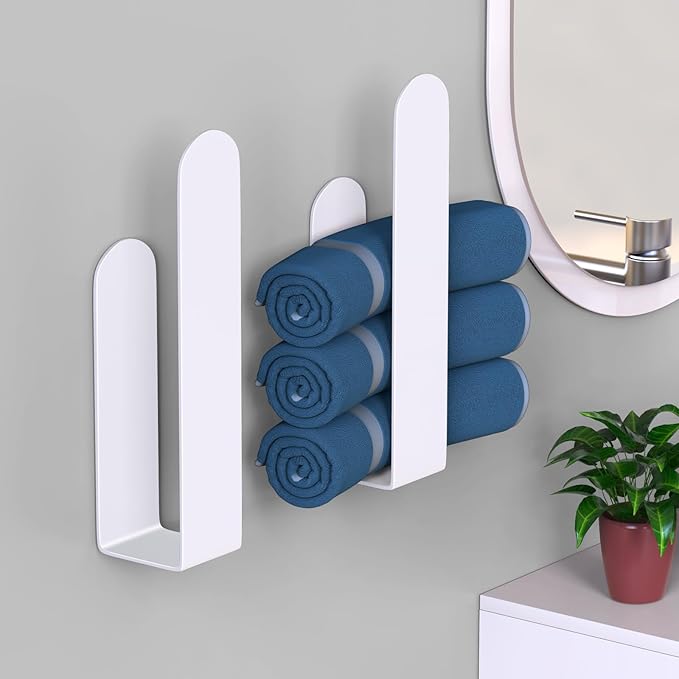 HUFEEOH 2 Pack Adhesive Hand Towel Holder, Kitchen Towel Rack Towel Bars Wall Mounted, Stainless Steel Bath Towel Hanger for Bathroom Hotel Kitchen (White, 8 Inch(2PC))