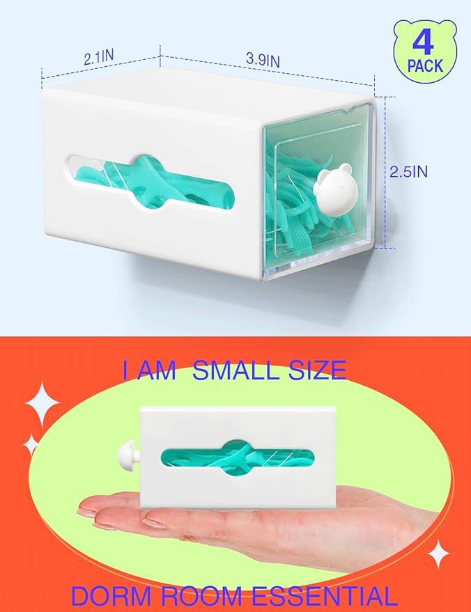 Qtip Holder for Bathroom Wall Organizer – Bathroom Decor, Dorm Room Essential, Small Q-tip Dispenser for Cotton Swabs, Balls, Pads, Floss Picks – Office Storage, Vanity Makeup Organizer (4 Pack)