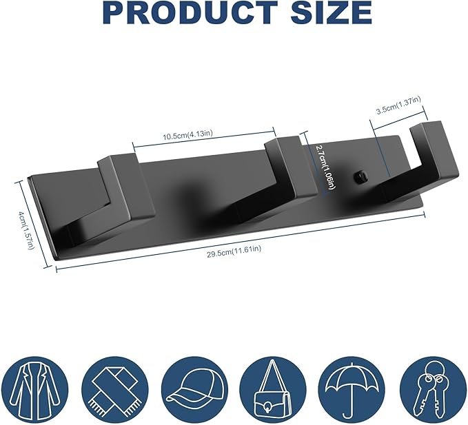 PMMASTO Coat Rack Wall Mount, Coat Hooks Wall Hooks for Hanging, Stainless Steel Coat Hanger Towel Hooks for Bathrooms, Coat Rack Hat Rack (Black 3 Hooks, 1 Pack)-NeatNest